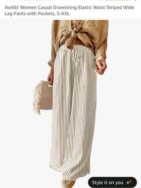 Amazon Beige and White Striped Wide-Leg Drawstring Pants